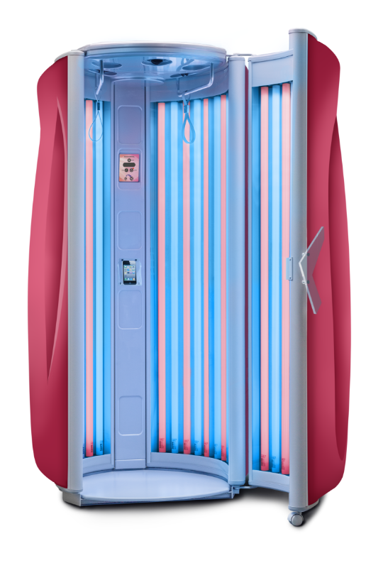 Ultrasun E5 stand-up tanning bed in Fancy Red Metallic with Hybrid Lamps