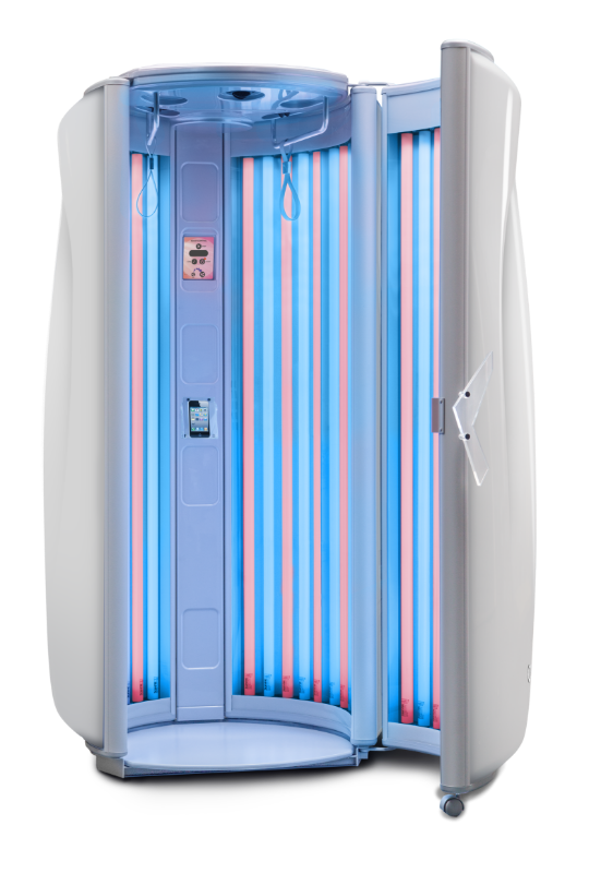Ultrasun E5 stand-up tanning bed in Dream White Metallic with Hybrid Lamps
