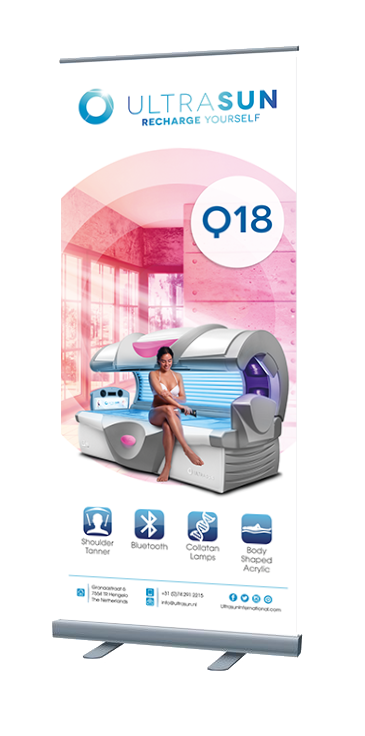 Roll up banner of a Ultrasun Q18 sunbed in Dream White Metallic with a woman sitting on the side