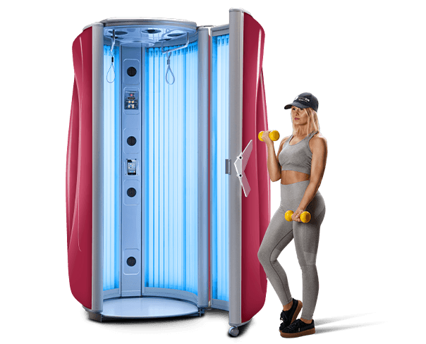 Woman wearing sports clothes standing in front of a E7 sunbed