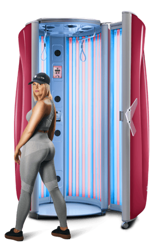 Woman wearing sports clothes standing in front of a E7 sunbed