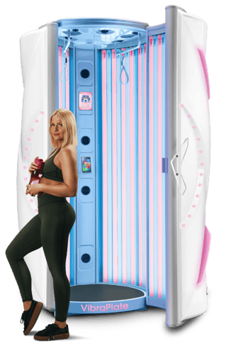 Open i8 upright sunbed in Dream White Metallic featuring a woman in sports wear 