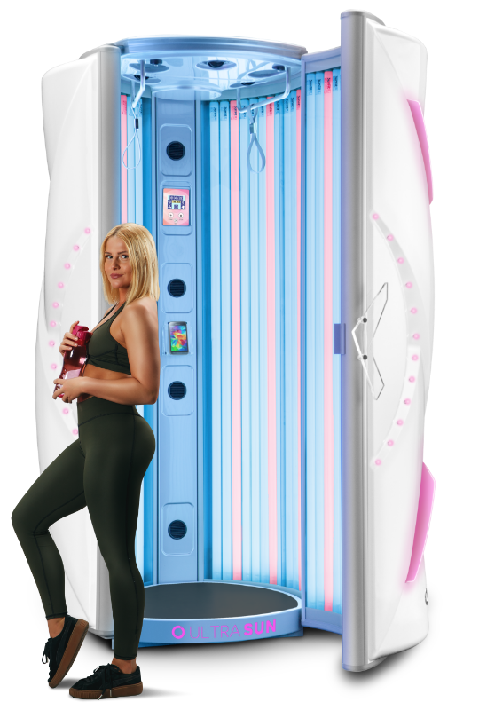 Ultrasun i8 stand-up tanning bed with Hybrid Lamps and model