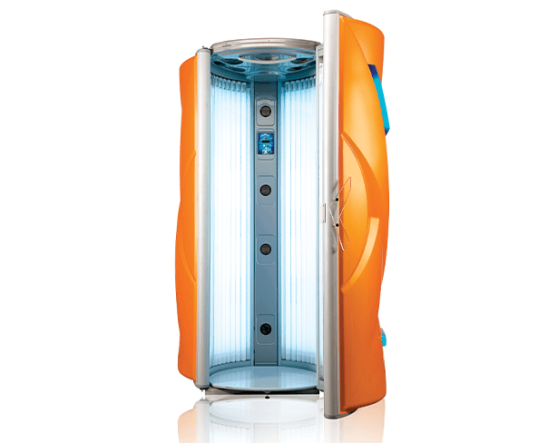 Ultrasun i8 Power Tower pre-owned upright sunbed in Xtreme Orange Metallicallic