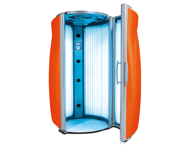 Ultrasun 8000 Power Tower pre-owned upright sunbed in Xtreme Orange Metallic