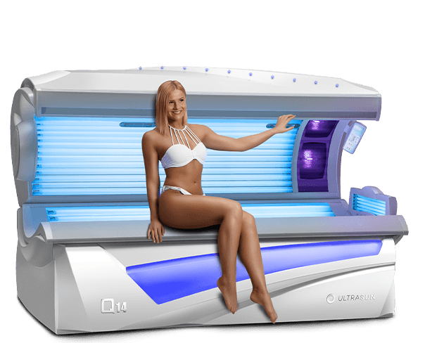 Ultrasun Q14 sunbed in Dream White Metallic with woman