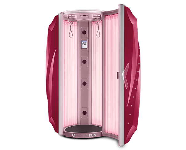 Ultrasun i8E upright sunbed in Cherry Red Metallic