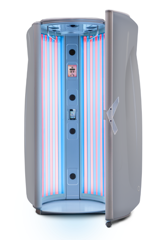 Open E7 upright sunbed in Mystic Grey 