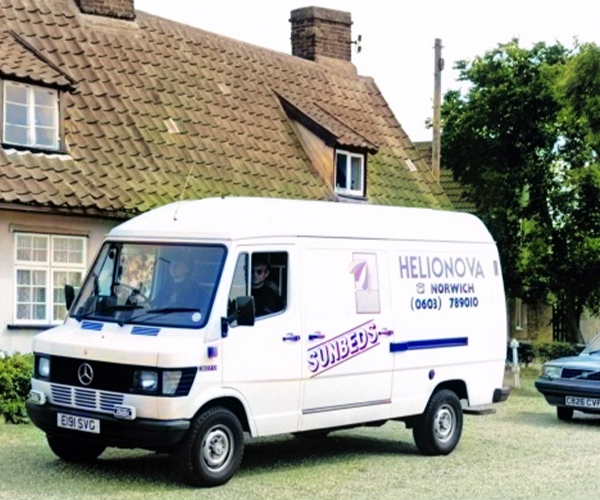 Old van with text printed on the outside